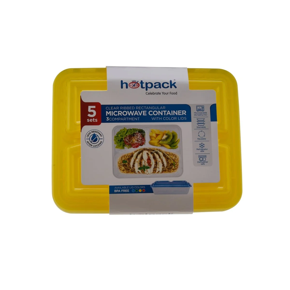 Clear Ribbed Rectangular Microwave Compartment Container with Color Lids 5  Pieces - Image 15